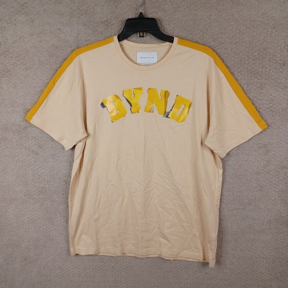 Beyond The Pen Shirt Mens Large Beige Yellow Bynd Crew Neck Short Sleeve‎ Cotton - Picture 1 of 9